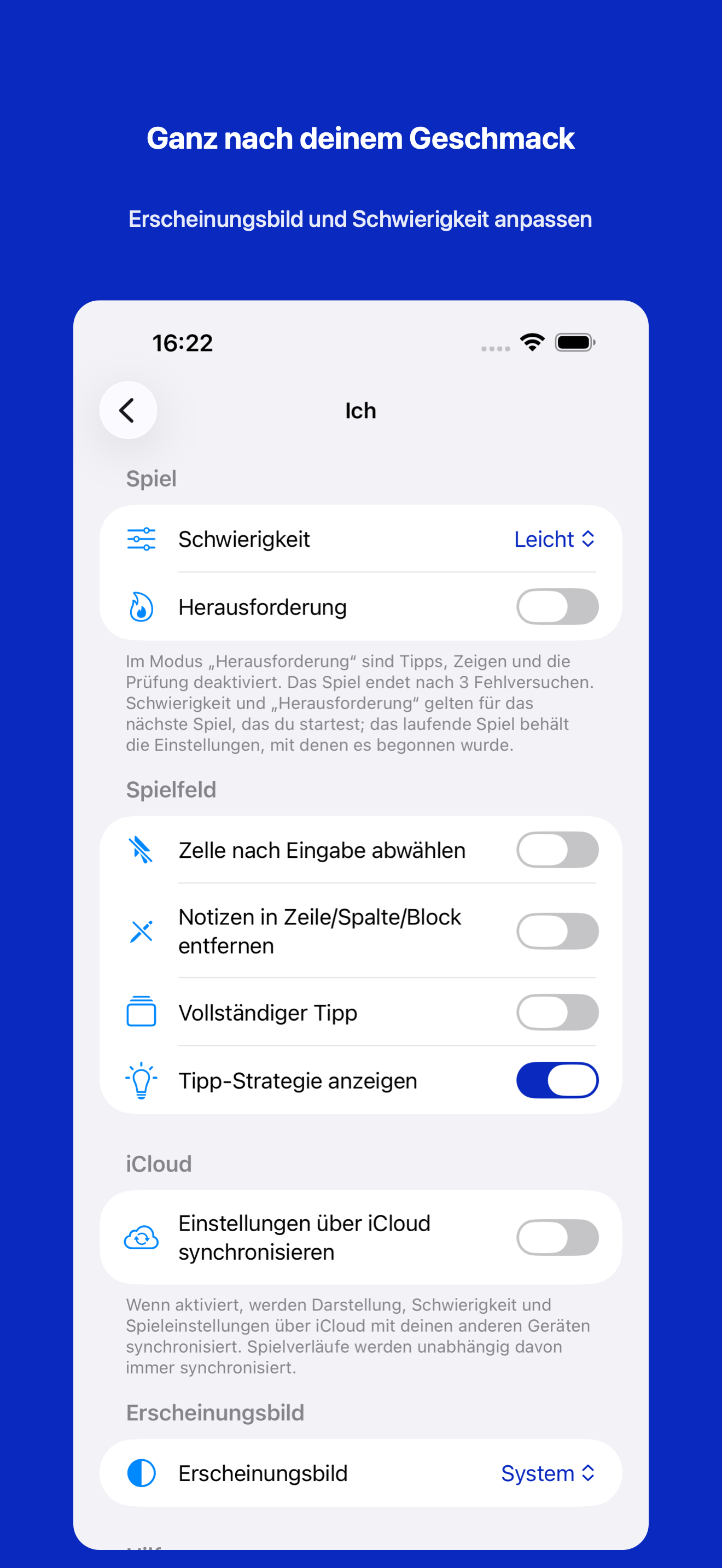 Sudoku-Einstellungen mit Erscheinungsbild und Schwierigkeit